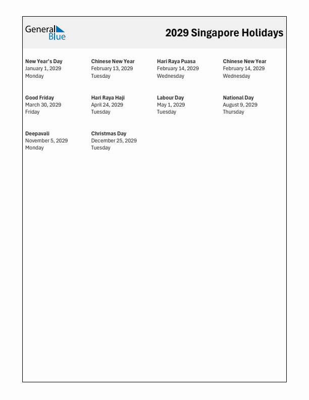 Free printable list of Singapore holidays for year 2029