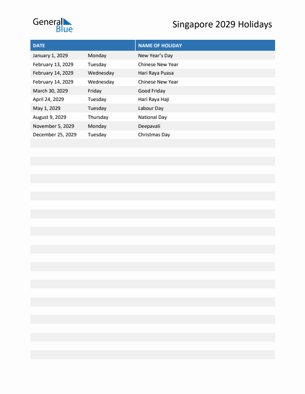 Free printable list of Singapore holidays for year 2029