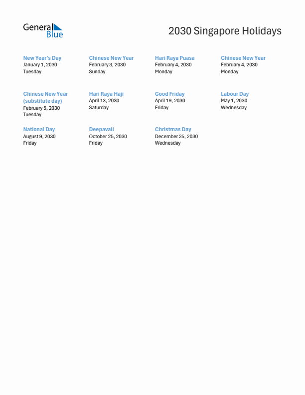 Free printable list of Singapore holidays for year 2030