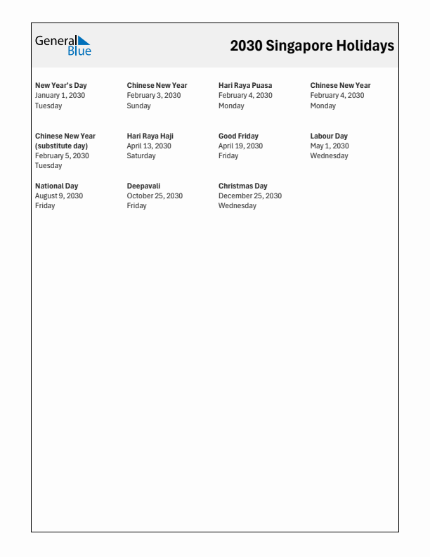 Free printable list of Singapore holidays for year 2030