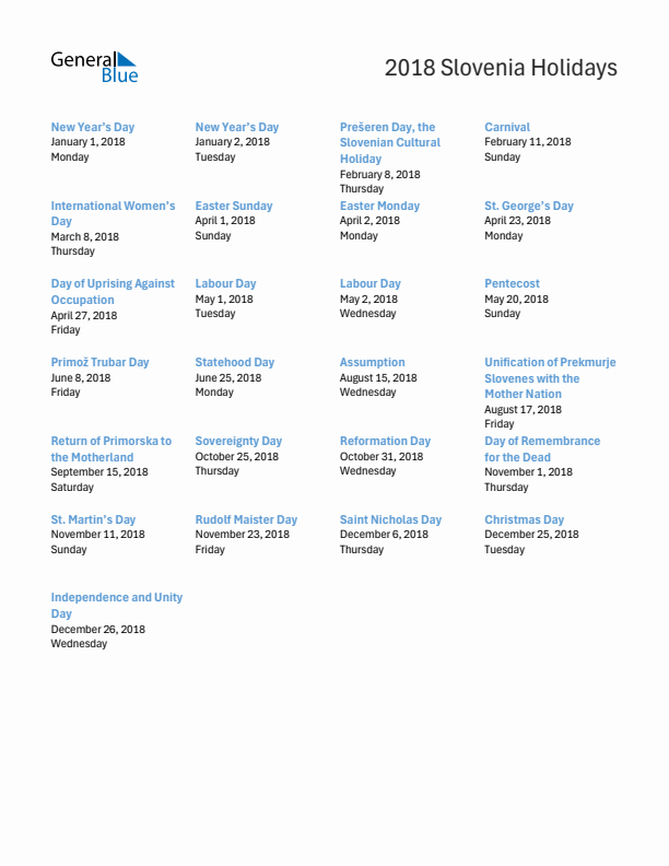 Free printable list of Slovenia holidays for year 2018