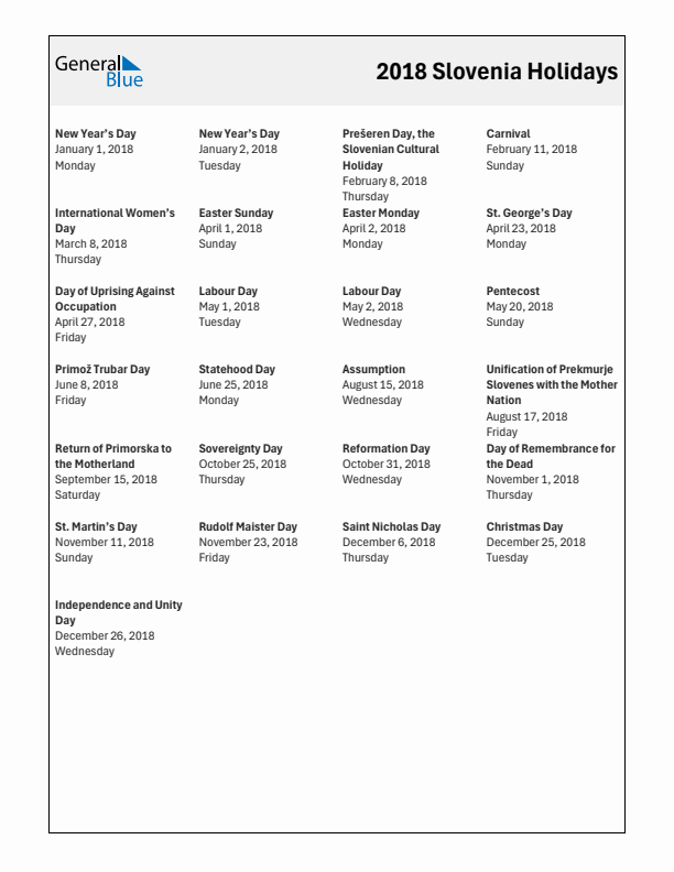 Free printable list of Slovenia holidays for year 2018