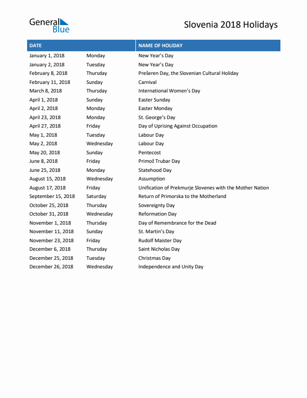 Free printable list of Slovenia holidays for year 2018