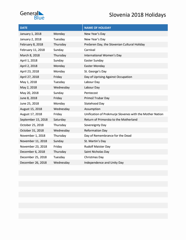 Free printable list of Slovenia holidays for year 2018