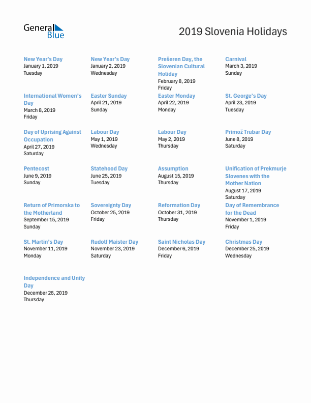 Free printable list of Slovenia holidays for year 2019