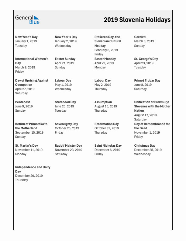 Free printable list of Slovenia holidays for year 2019