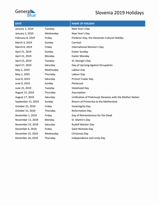 Free printable list of Slovenia holidays for year 2019