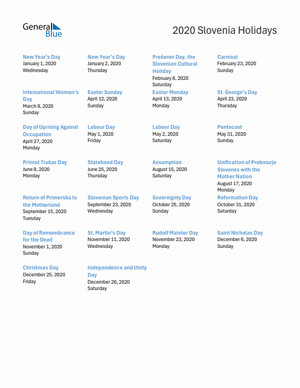 Free printable list of Slovenia holidays for year 2020