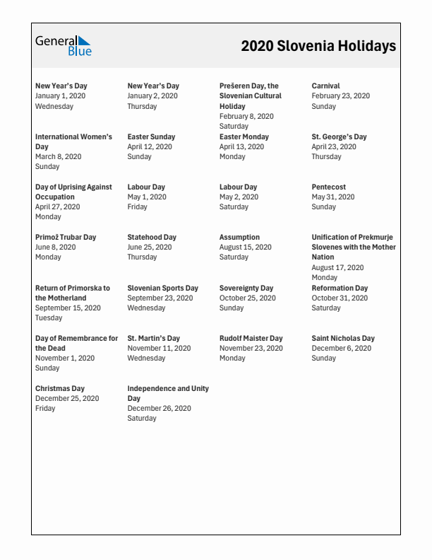 Free printable list of Slovenia holidays for year 2020