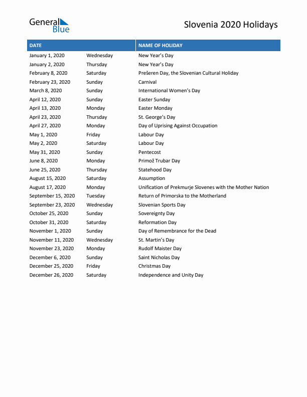 Free printable list of Slovenia holidays for year 2020