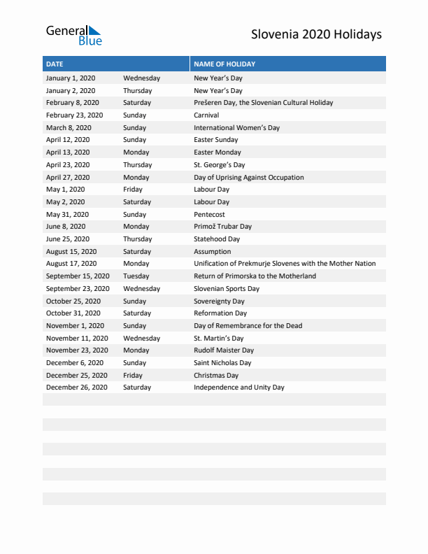 Free printable list of Slovenia holidays for year 2020