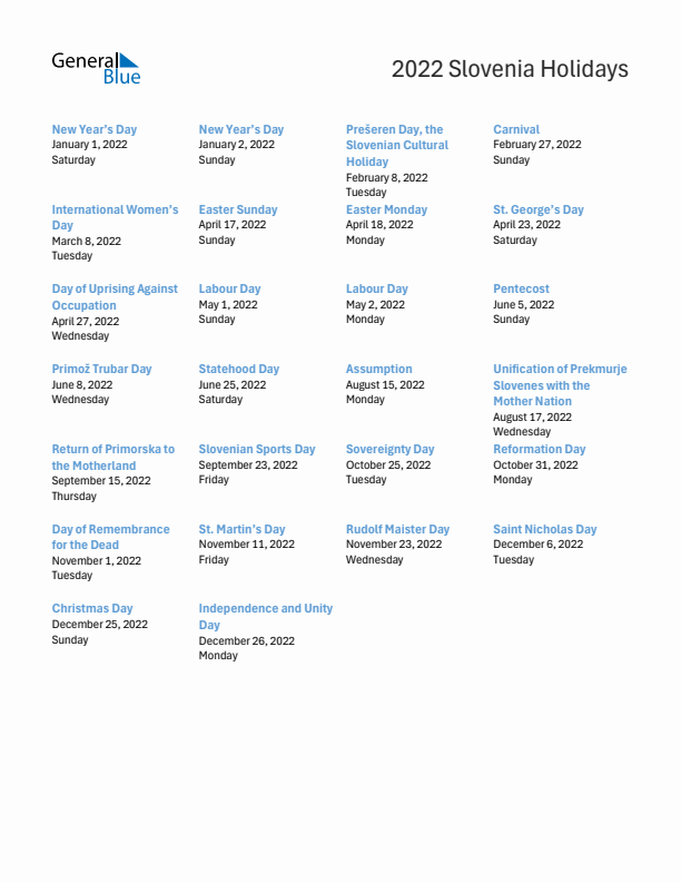 Free printable list of Slovenia holidays for year 2022