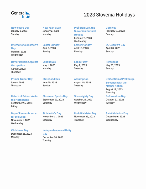 Free printable list of Slovenia holidays for year 2023