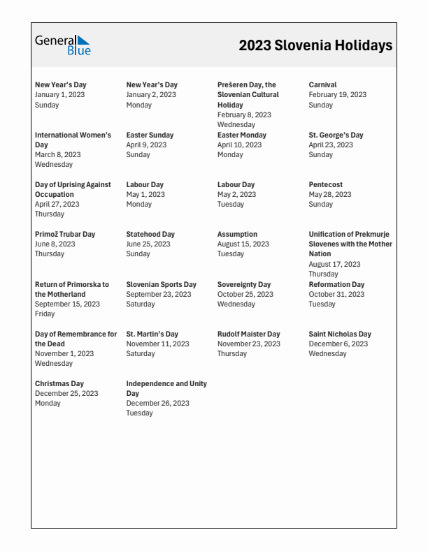 Free printable list of Slovenia holidays for year 2023