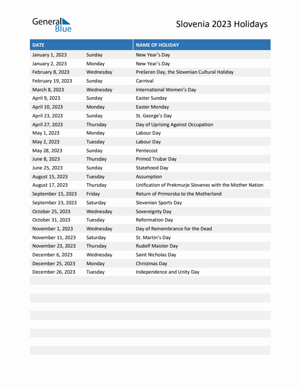 Free printable list of Slovenia holidays for year 2023