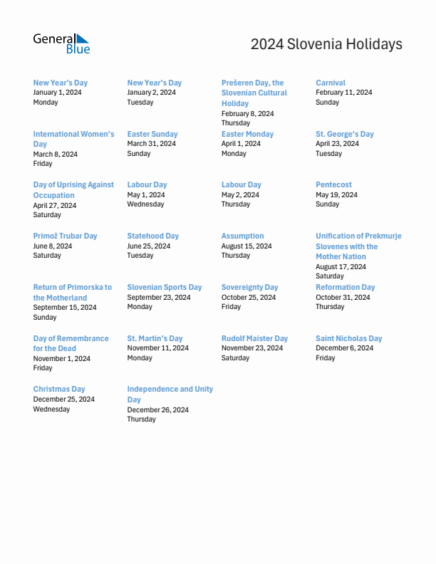 Free printable list of Slovenia holidays for year 2024