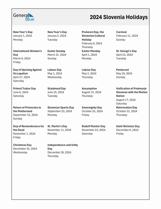 Free printable list of Slovenia holidays for year 2024