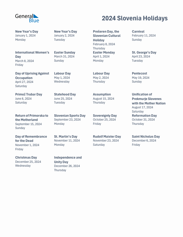 Free printable list of Slovenia holidays for year 2024