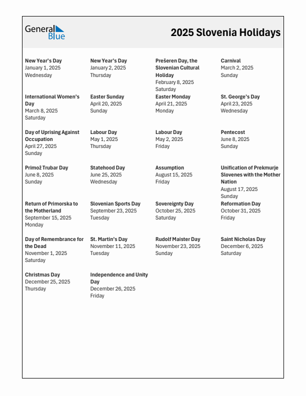 Free printable list of Slovenia holidays for year 2025