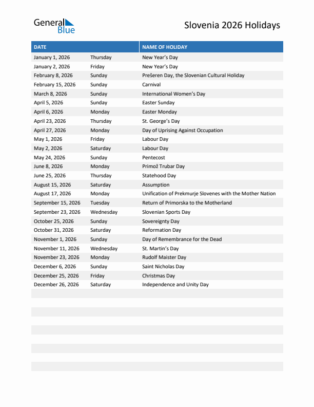 Free printable list of Slovenia holidays for year 2026