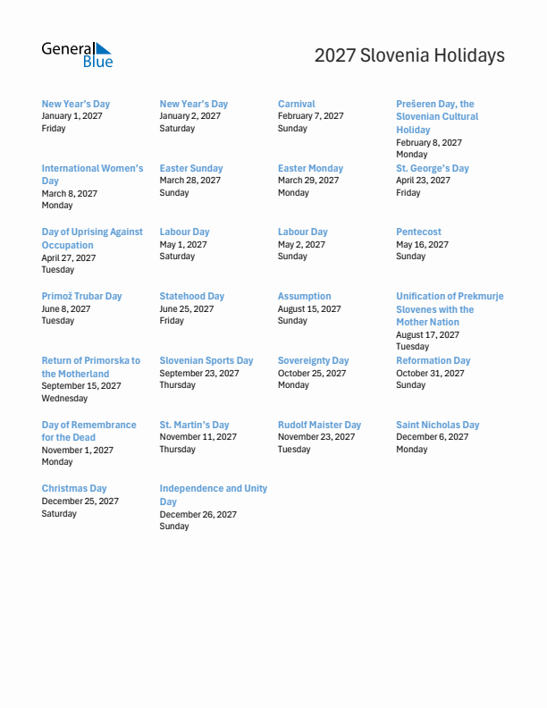 Free printable list of Slovenia holidays for year 2027