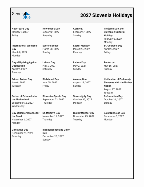 Free printable list of Slovenia holidays for year 2027