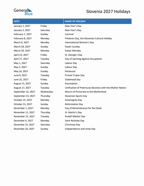 Free printable list of Slovenia holidays for year 2027