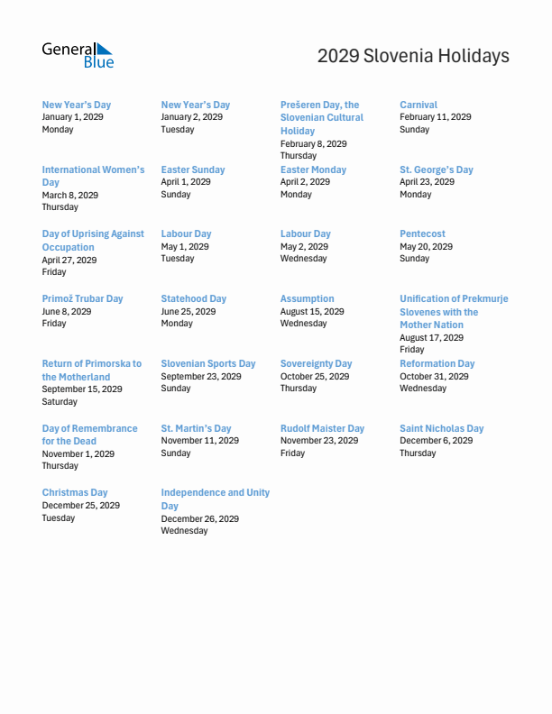 Free printable list of Slovenia holidays for year 2029