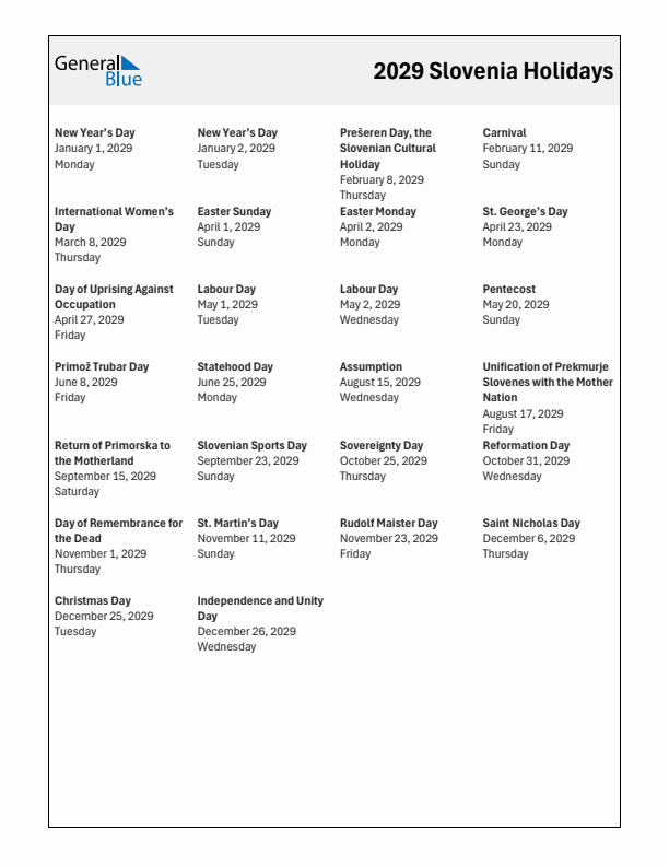 Free printable list of Slovenia holidays for year 2029