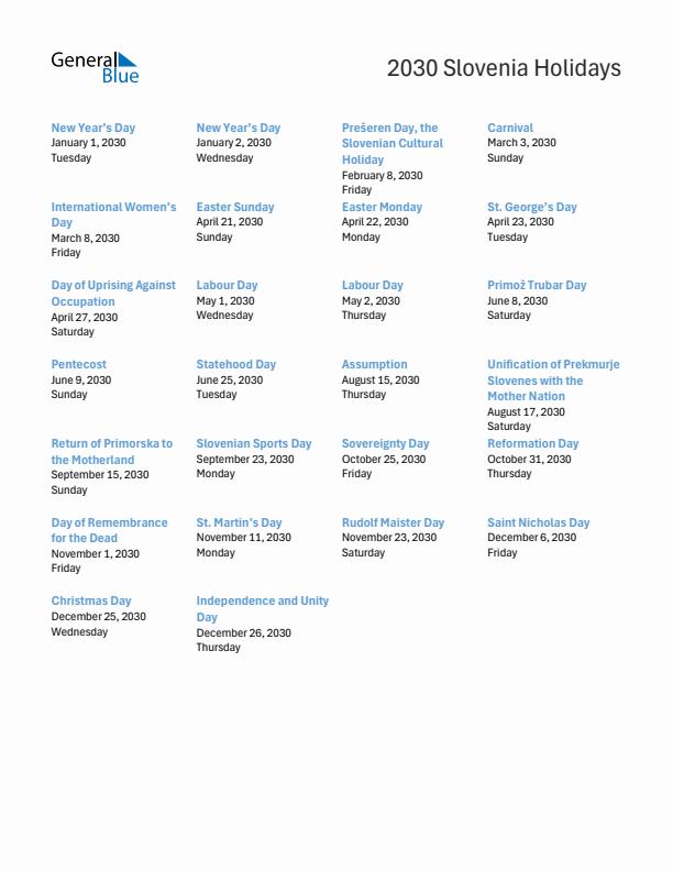 Free printable list of Slovenia holidays for year 2030