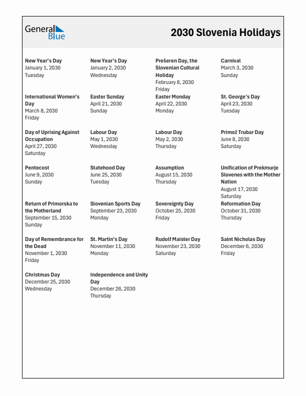 Free printable list of Slovenia holidays for year 2030