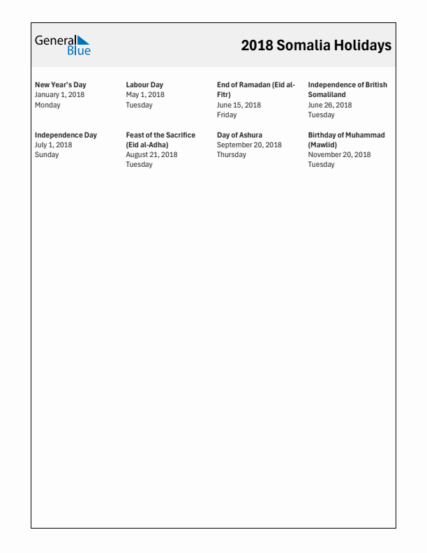 Free printable list of Somalia holidays for year 2018