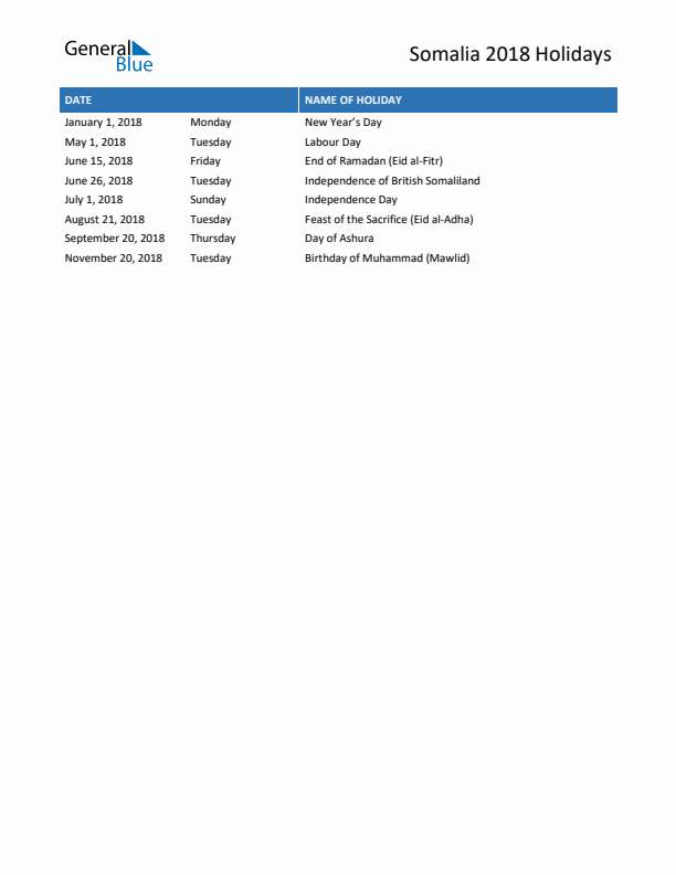 Free printable list of Somalia holidays for year 2018