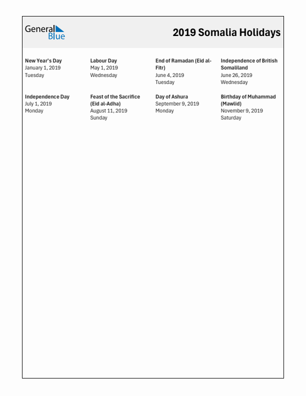 Free printable list of Somalia holidays for year 2019