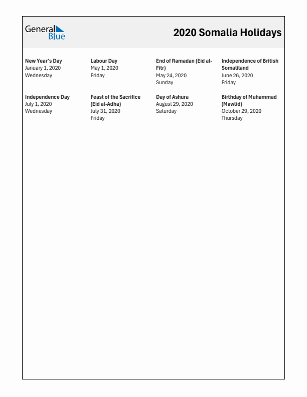 Free printable list of Somalia holidays for year 2020