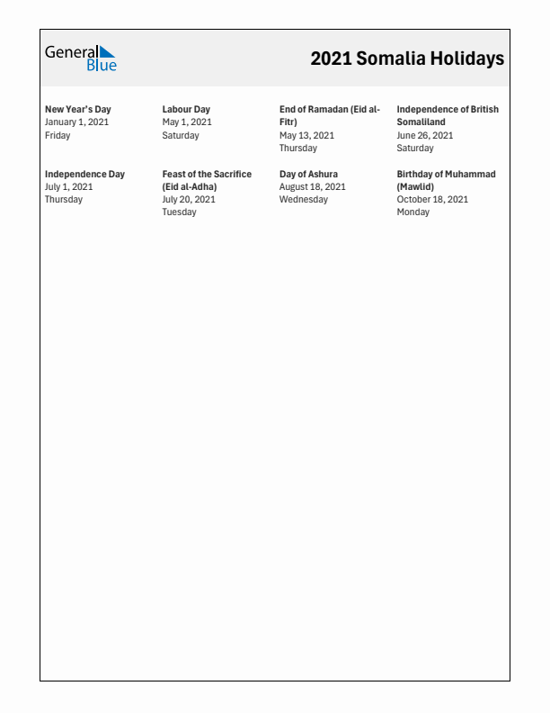 Free printable list of Somalia holidays for year 2021