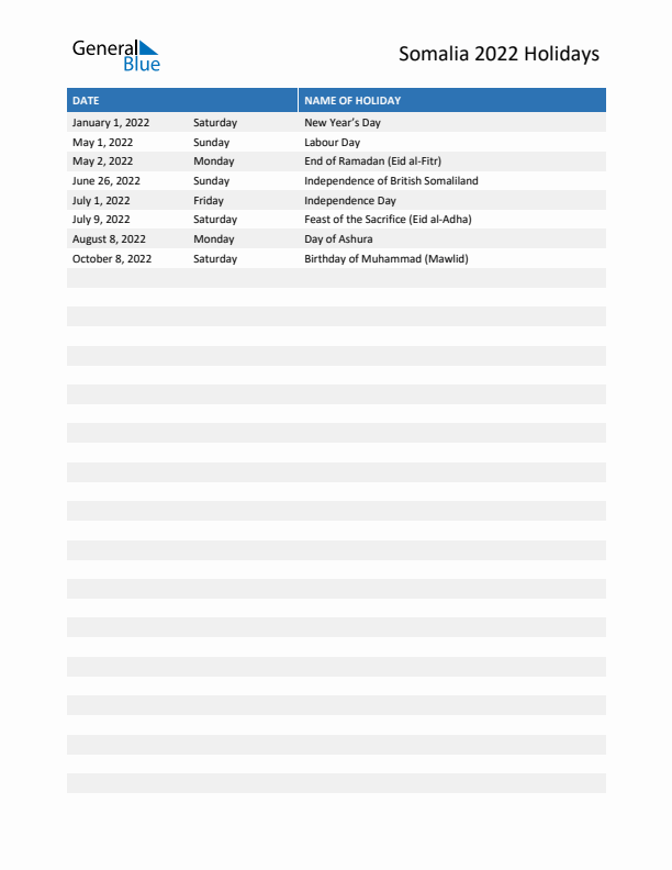 Free printable list of Somalia holidays for year 2022