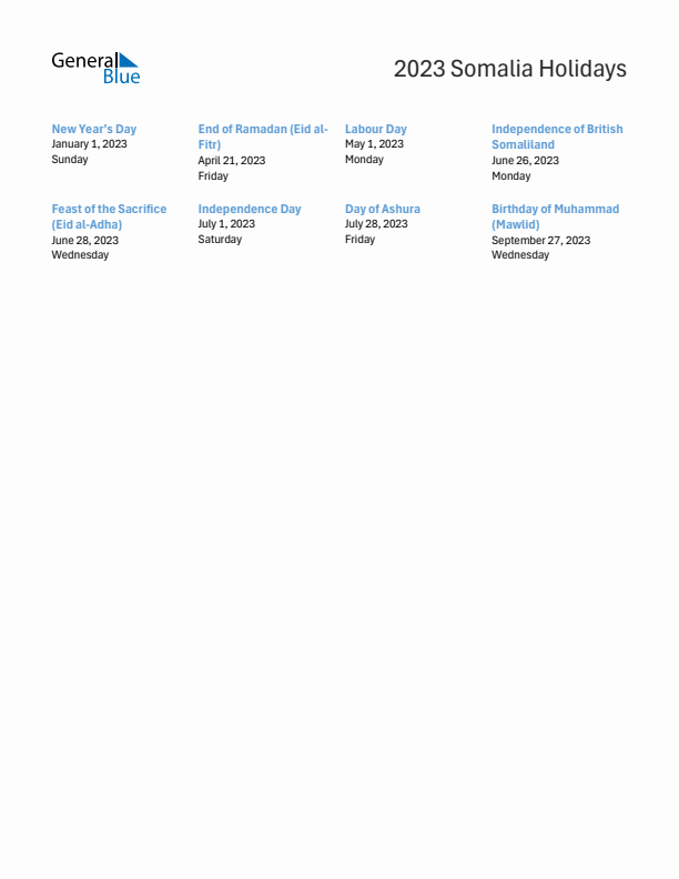 Free printable list of Somalia holidays for year 2023