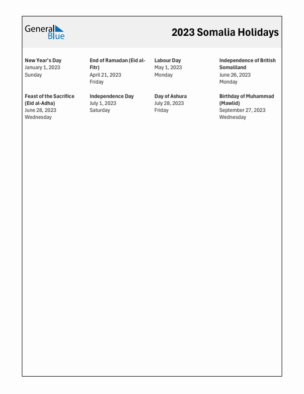 Free printable list of Somalia holidays for year 2023