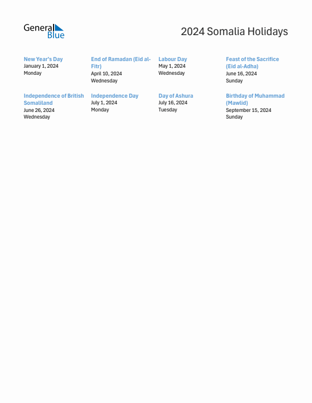 Free printable list of Somalia holidays for year 2024