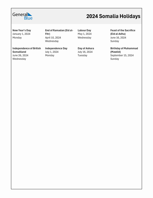 Free printable list of Somalia holidays for year 2024