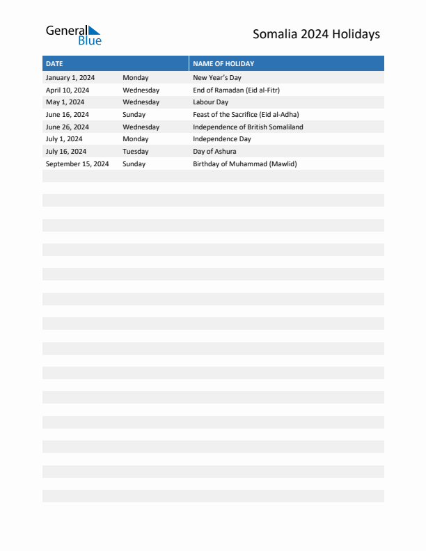 Free printable list of Somalia holidays for year 2024