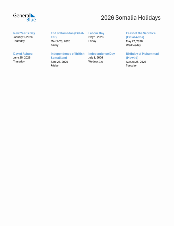 Free printable list of Somalia holidays for year 2026