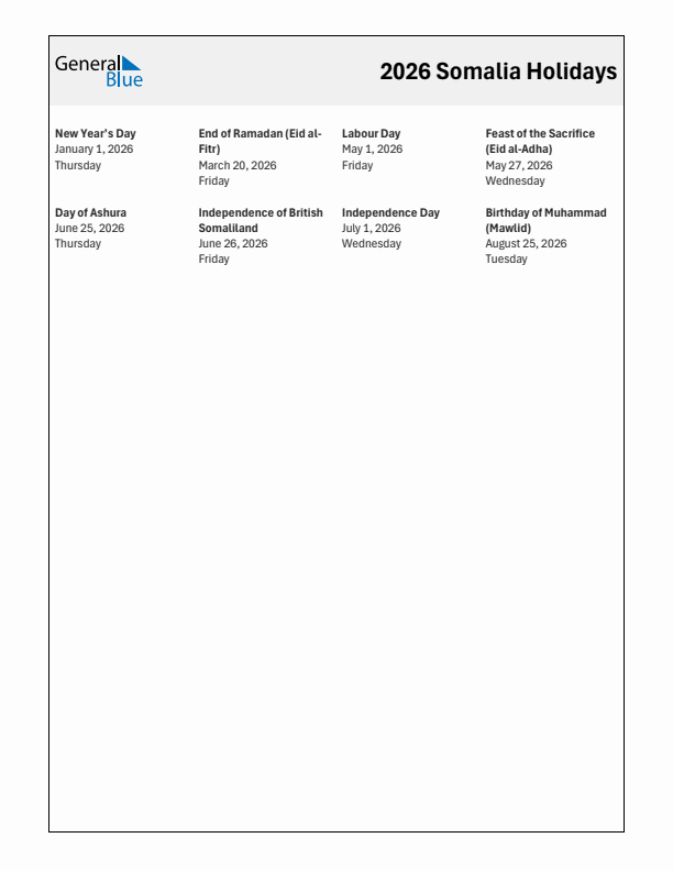 Free printable list of Somalia holidays for year 2026