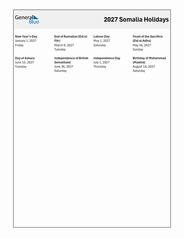 Free printable list of Somalia holidays for year 2027