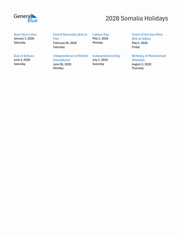 Free printable list of Somalia holidays for year 2028