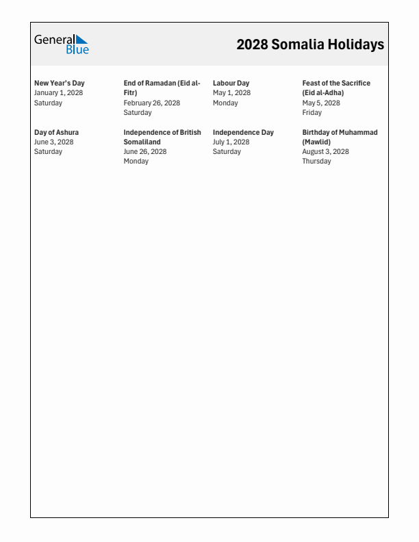 Free printable list of Somalia holidays for year 2028