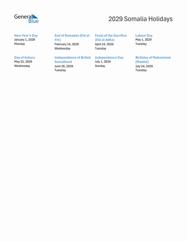 Free printable list of Somalia holidays for year 2029