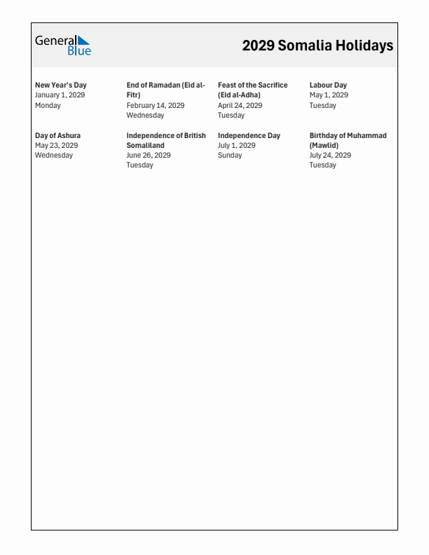 Free printable list of Somalia holidays for year 2029