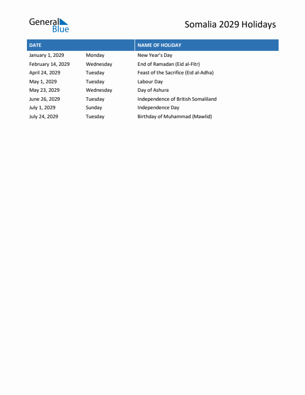 Free printable list of Somalia holidays for year 2029